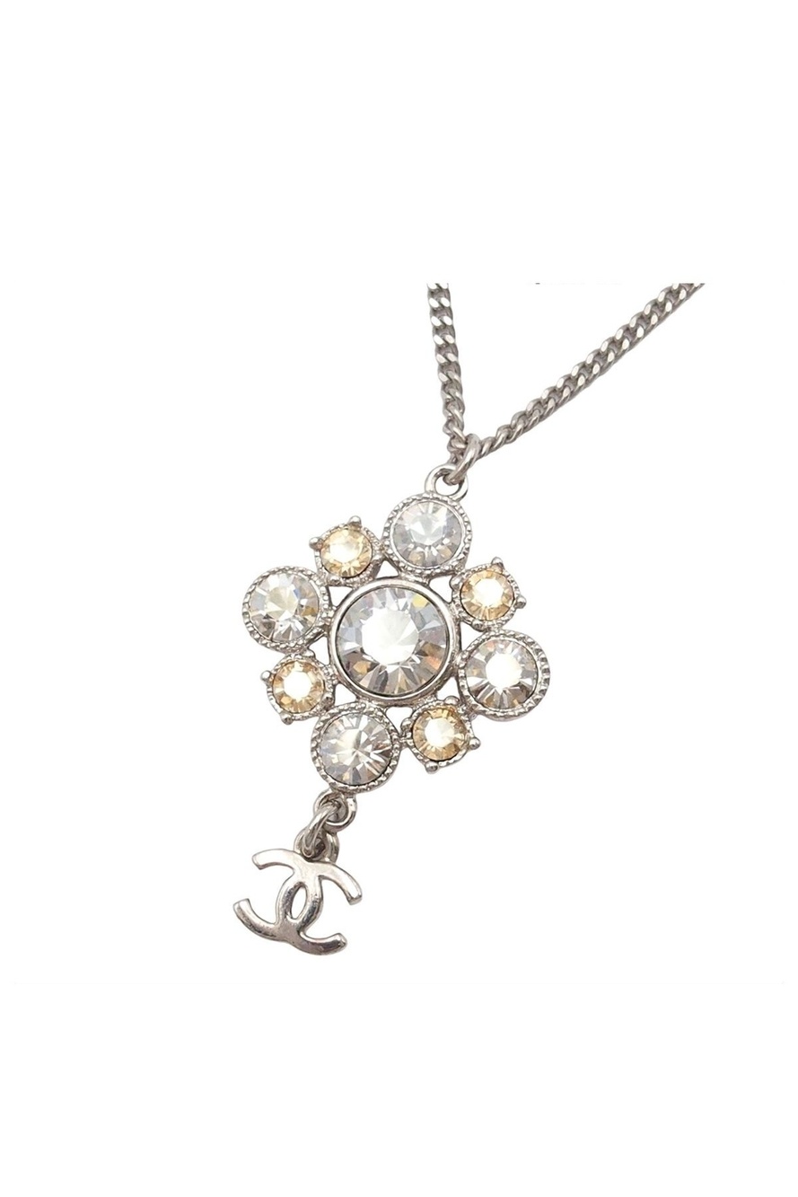 Chanel Necklace Flower Motif CC Logo Silver Metal Rhinestone
